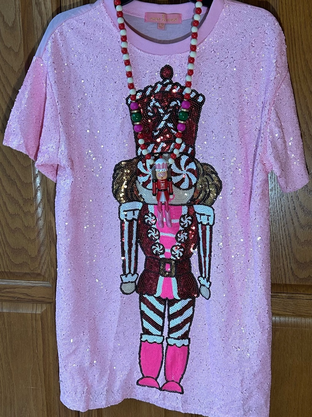Simply Southern Pink Sequin Nutcracker Graphic T-Dress with necklace SZ L/XL - Picture 4 of 5